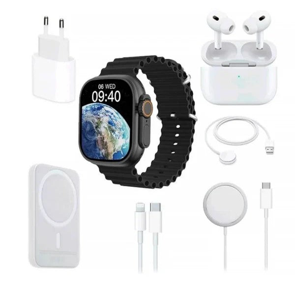 Teljes készlet Smartwatch X8 2", vezeték nélküli in-ear fülhallgatókkal, töltővel, kábelekkel, külső akkumulátorral - 8 az 1-ben