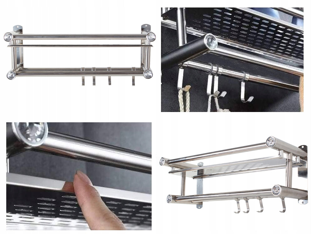 Elegáns és Praktikus Fürdőszobai Polc és Tusoló Szervező Rozsdamentes Acélból Akasztókkal és Törölközőtartókkal