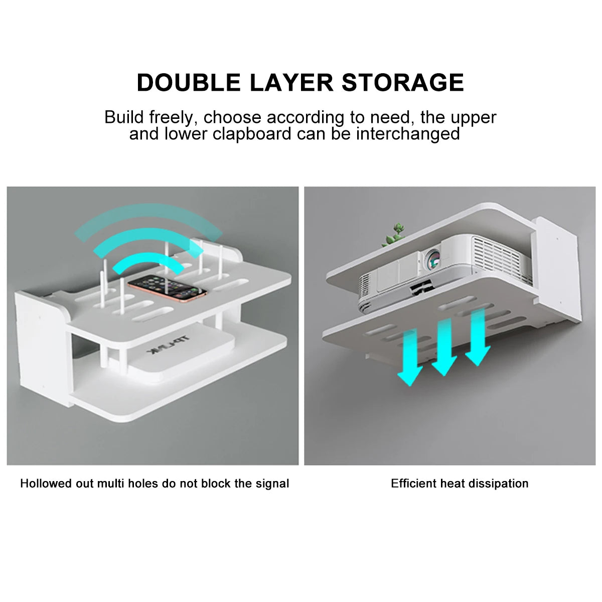 2 szintes polc, fúrás nélküli fali konzol, útválasztóhoz, TV-dobozhoz, mini számítógéphez, DVD-lejátszóhoz