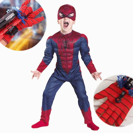 KÜLÖNLEGES AJÁNLAT: SpiderMan Kostüm izommal, gyerekeknek + Kesztyű lőszerrel és 2 nyíllal