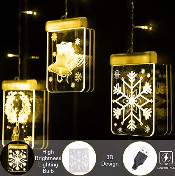 Függöny típusú karácsonyi installáció 6 db LED 3D figurával, 3M, sárga