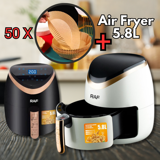 Ajánlat: Air Fryer Deluxe Űrtartalom 5.8L, 1500W, Cirkulácia Vzduchu 360°, Érintőképernyő + Sada 50 Pečicích Papírů pre AirFryer