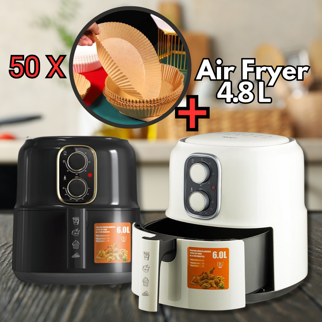 Ajánlat: Air Fryer Premium Űrtartalom 4.8L, 1500W, Cirkulácia Vzduchu 360° + Sada 50 Pečicích Papírů pre AirFryer