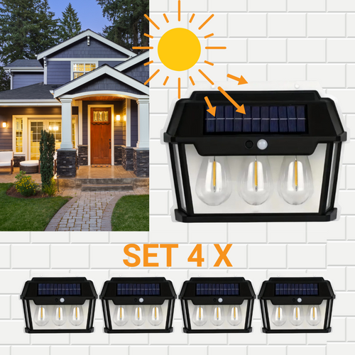 4 darabos x Felinar típusú napelemes lámpa, 3 izzóval, mozgásérzékelővel, 38W