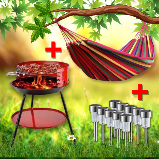 3 az 1 ajánlat: Hordozható széngrill csomag + Színes hintaszék 170 x 75 cm + 10 darab kertészeti napenergiával működő lámpakészlet sötétedésérzékelővel.
