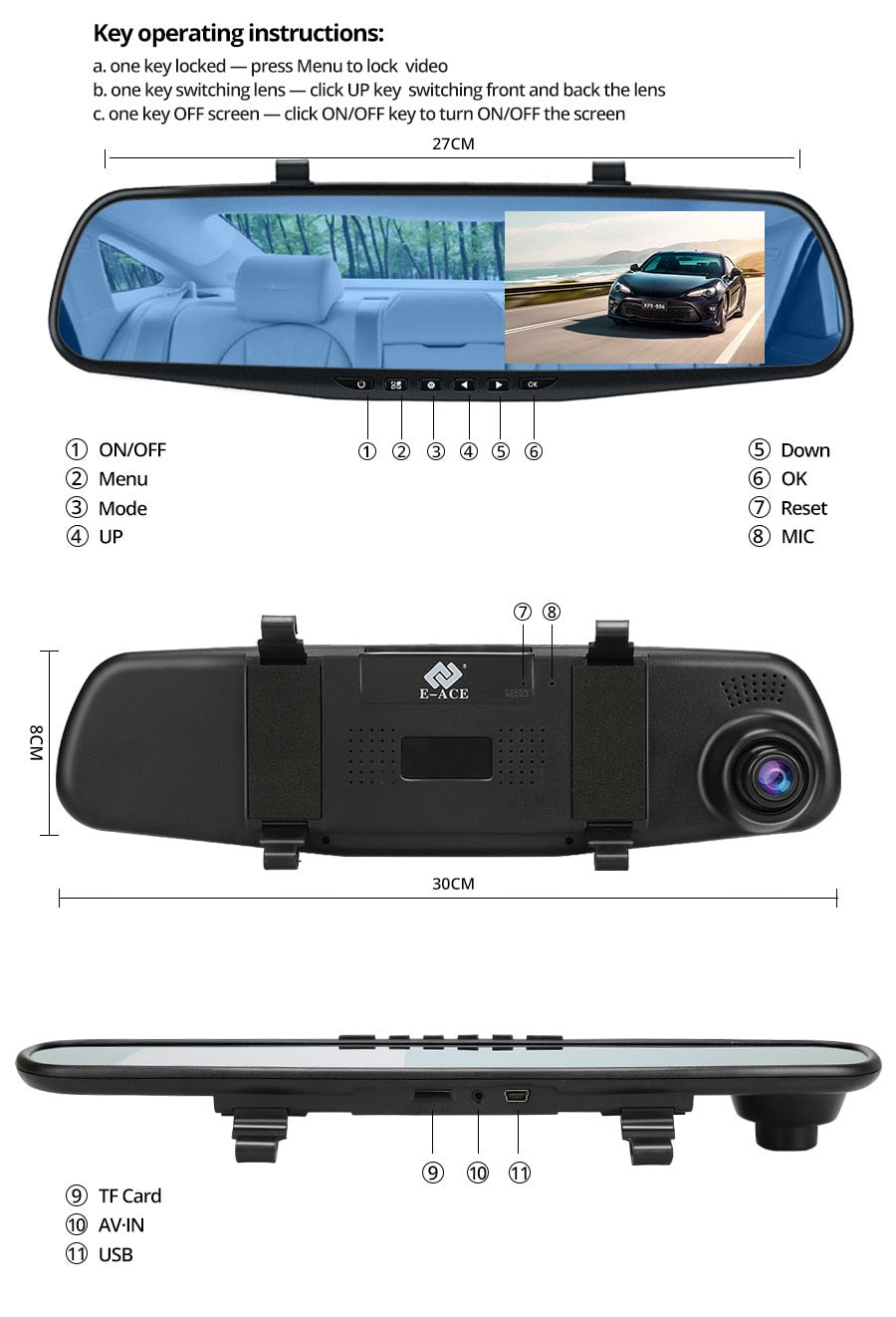 4.5 hüvelykes visszapillantó tükör HD 1080P kamerával, autós DVR, beépített mikrofonnal és hangszóróval + tolatókamera