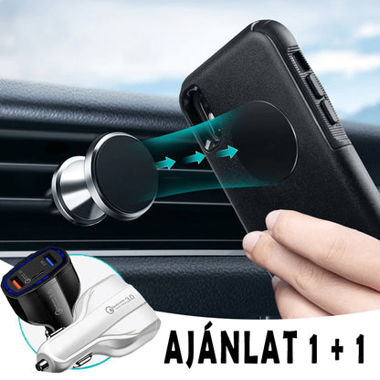 AJÁNLAT 1 + 1 Mágneses autó tartó + Autós töltő gyors töltés 12V / 3,5A, 7A, 2 USB PORT, 1 C típusú PORT + KÁBEL