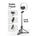 Selfie Stick és Tripod Ring LED fény telefonhoz, vezeték nélküli, 360 fokos, 90 cm, 9 megvilágítási mód