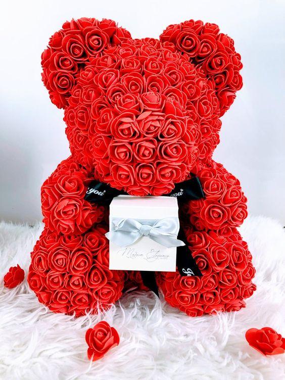 Virágos Teddy Rose, kézzel díszített medve, magasság 21cm